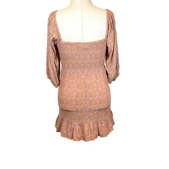 Floral Mini Dress Medium Dusty Rose Puff Sleeves Smocked Back Ruffle Hem Boho - Picture 5 of 11